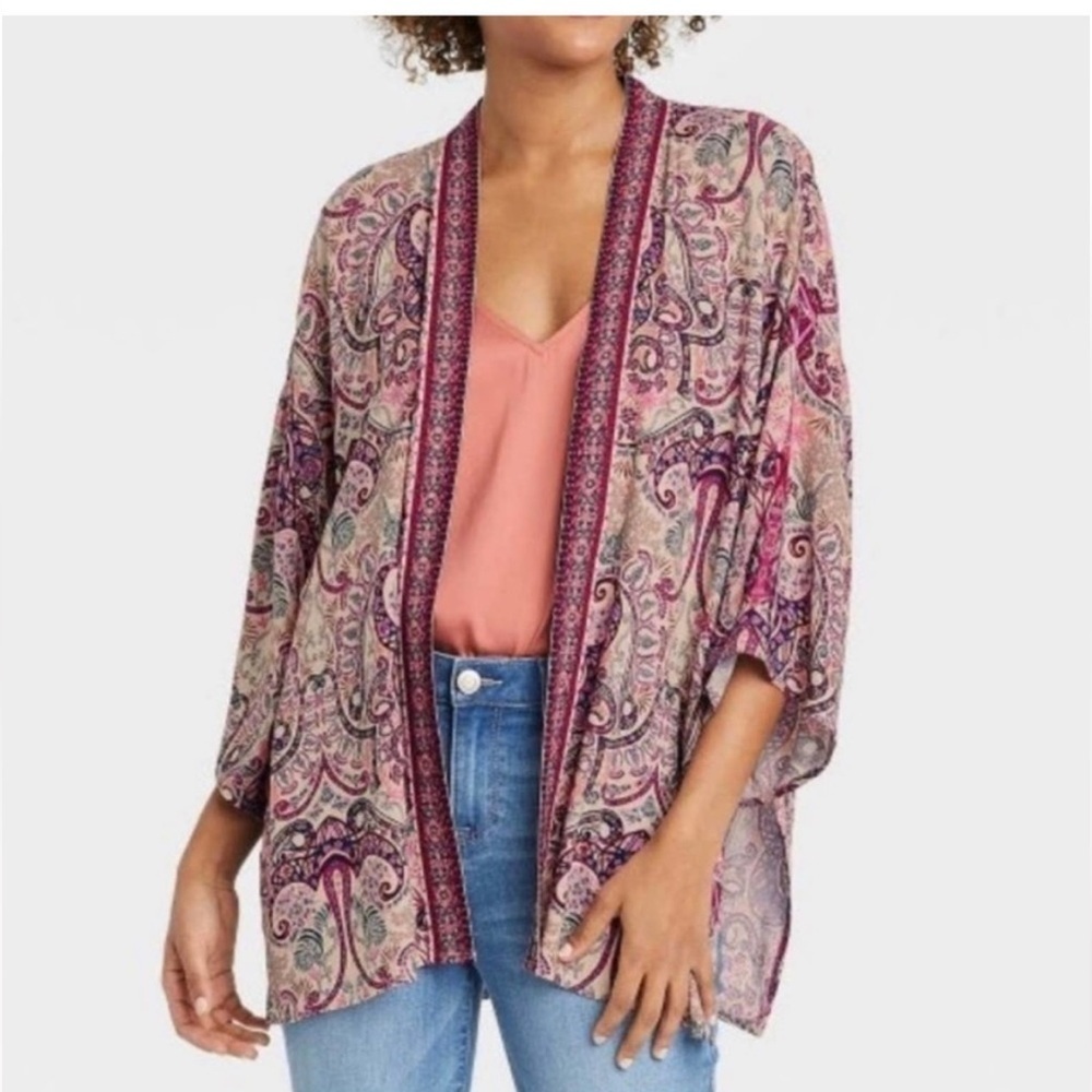 Knox Rose Cognac Paisley Printed Half Sleeve Open Front Cardigan Medium/…
